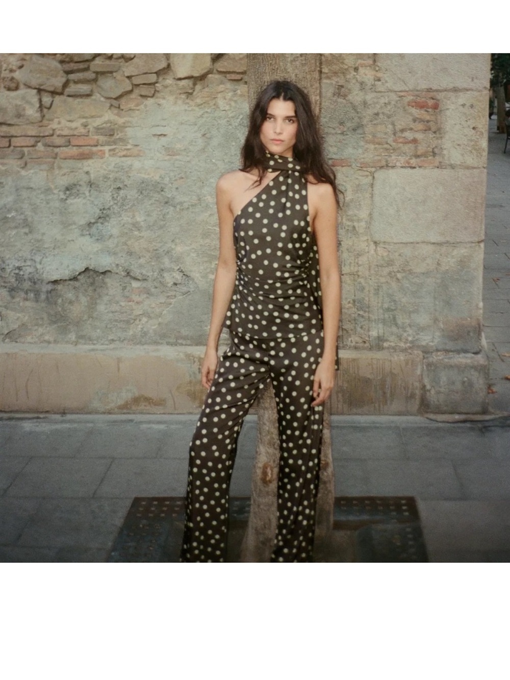 One-Shoulder Polka Dot Pant & Top Set in Dark Green and Cream